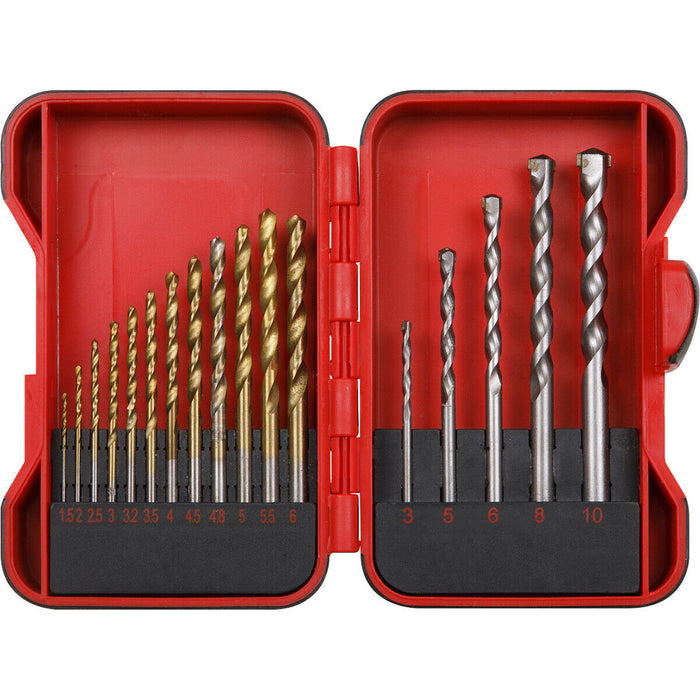 17 Piece Drill Bit Set - 12 Titanium Coated HSS & 5 Tungsten Steel Masonry Bits Loops