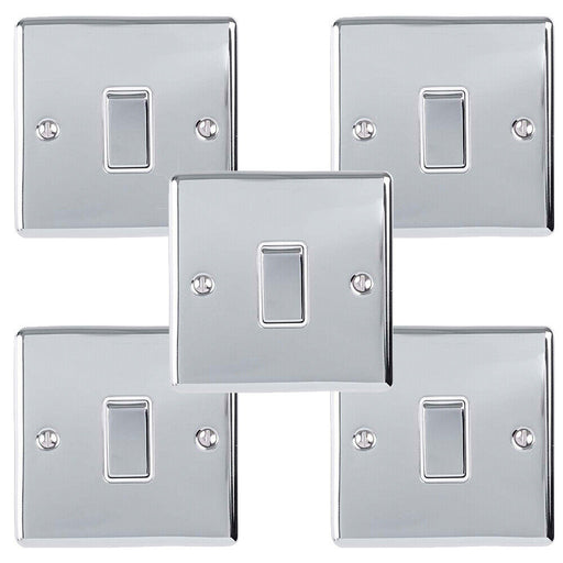 5 PACK 1 Gang Single Metal Light Switch POLISHED CHROME 2 Way 10A White Trim Loops