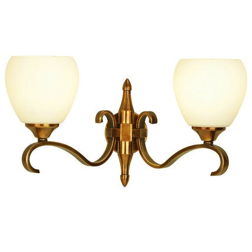 Luxury Traditional Twin Arm Wall Light Antique Brass Opal Glass Shade Dimmable Loops