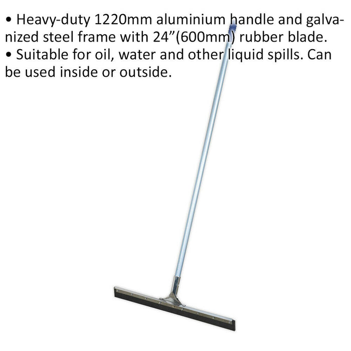 600mm Rubber Blade Floor Squeegee - Aluminium Handle - Metal Support Beam Loops