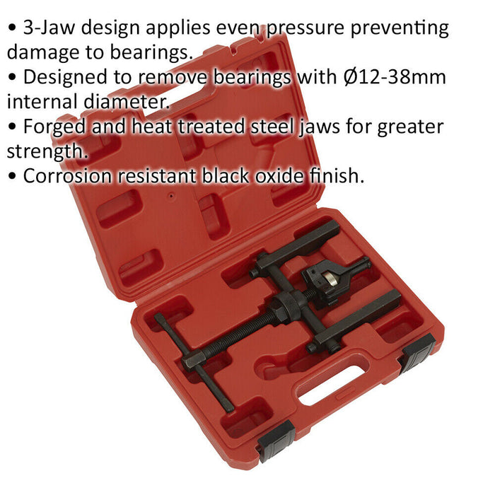 3-Jaw Wheel Bearing Puller - 12mm to 38mm Diameter - Forged Steel Jaws Loops