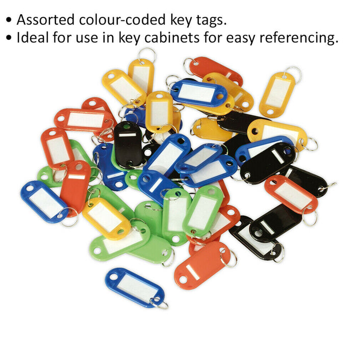 50 PACK - Various Colour Key Tags - Keyring Fob / Tab - Plastic Name Label ID Loops
