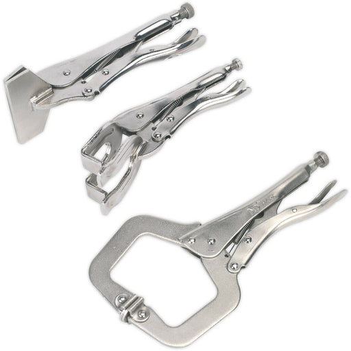 3 Piece C-Clamp and Welding Clamp Set - Sheet Metal Clamp - Nickel Plated Steel Loops