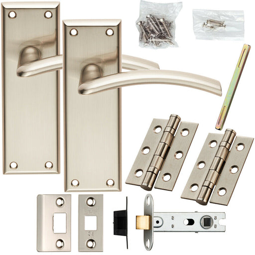 Door Handle & Latch Pack Satin Nickel Modern Arched Lever on Square Backplate Loops