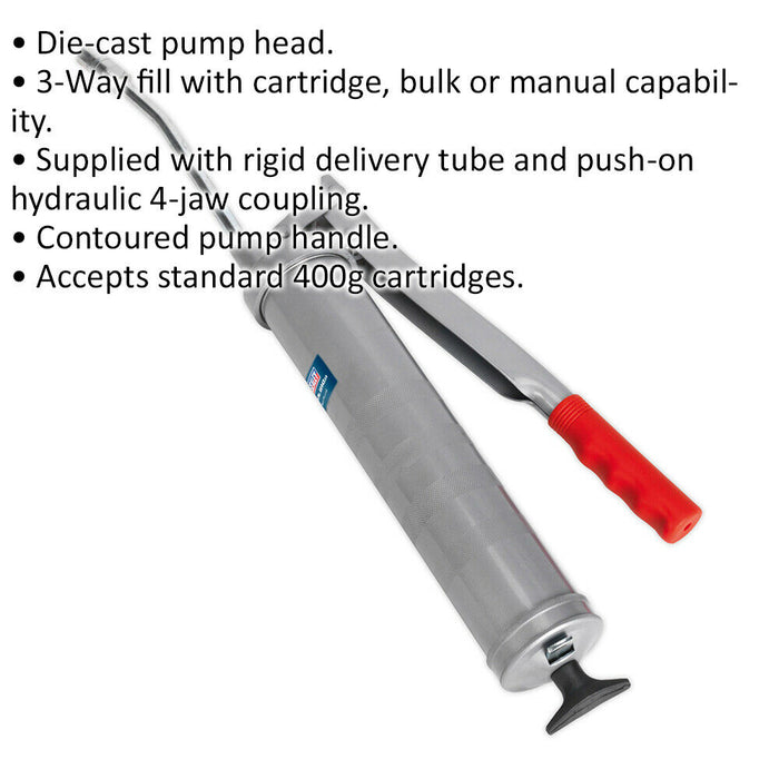 Side Lever Grease Gun - 3-Way Fill - Contoured Pump Handle - Rigid Delivery Tube Loops