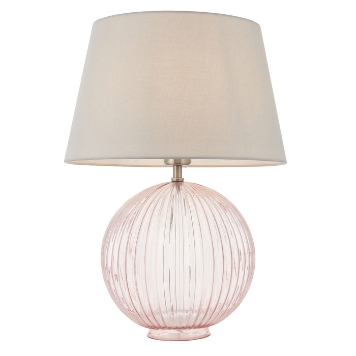 Table Lamp Dusky Pink Ribbed Glass & Pale Grey Cotton 40W E27 Bedside Light Loops