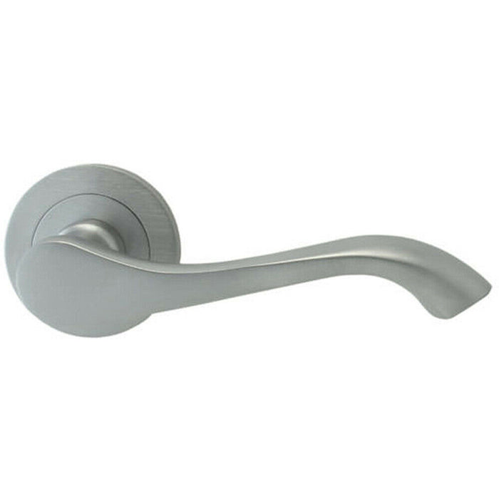 Door Handle & Latch Pack Satin Chrome Curved Scroll Lever Screwless Round Rose Loops