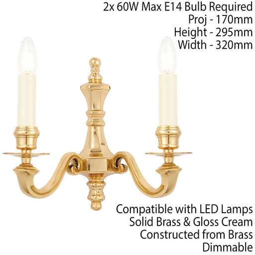 Luxury Traditional Twin Wall Light Solid Brass & Gloss Cream Classic Candelabra Loops
