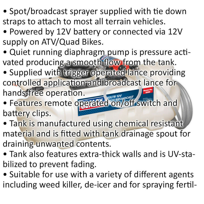 60L Spot & Broadcast Sprayer - 12V Battery Powered - Trigger Operated Lance Loops