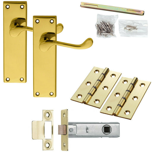 Door Handle & Latch Pack Brass Victorian Scroll Curved Lever Tall Backplate Loops