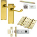 Door Handle & Latch Pack Brass Victorian Scroll Curved Lever Tall Backplate Loops