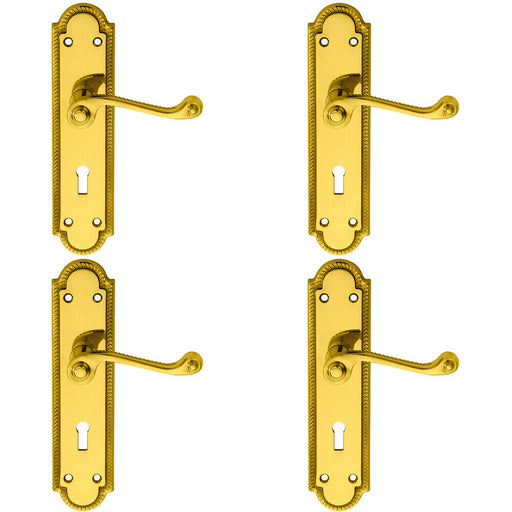 4x PAIR Reeded Scroll Handle on Shaped Lock Backplate 205 x 49mm Polished Brass Loops