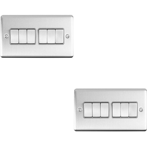 2 PACK 6 Gang Metal Multi Light Switch SATIN STEEL 2 Way 10A Grey Trim Loops