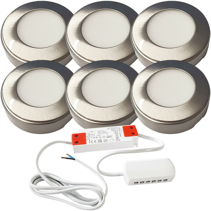 6x 2.6W LED Kitchen Cabinet Surface Spot Lights & Driver Kit Steel Warm White Loops