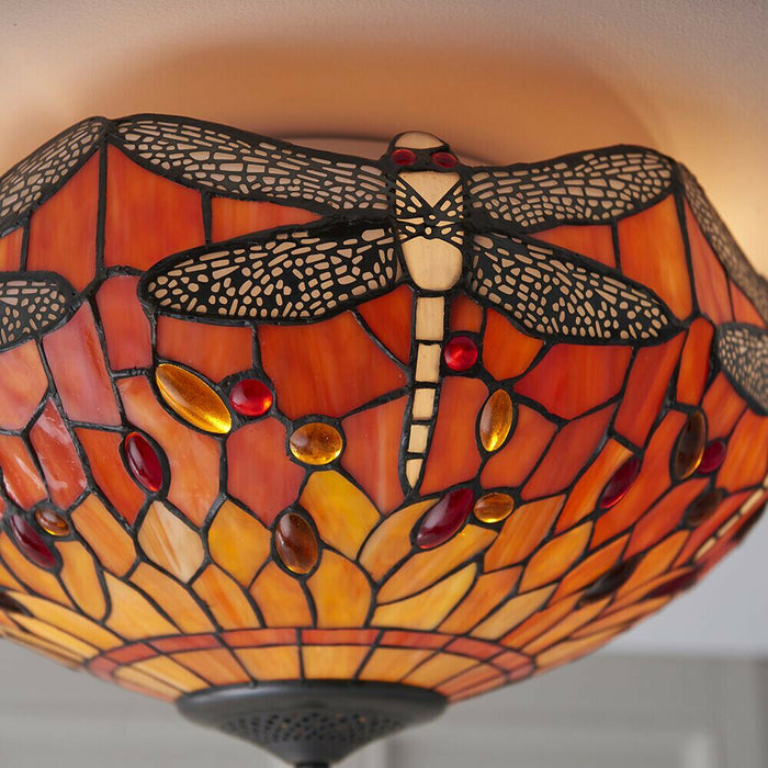 Tiffany Glass Semi Flush Ceiling Light Flame Dragonfly Inverted Shade i00045 Loops