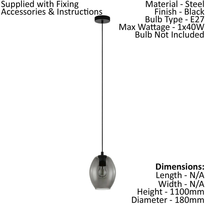 Pendant Ceiling Light Black Shade Black Transparent Smoked Glass E27 1x40W Loops