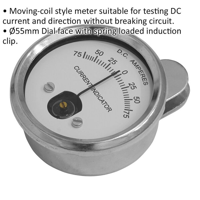 75A Clip-On Ammeter - Moving Coil Style - 55mm Dial Face - DC Current Testing Loops