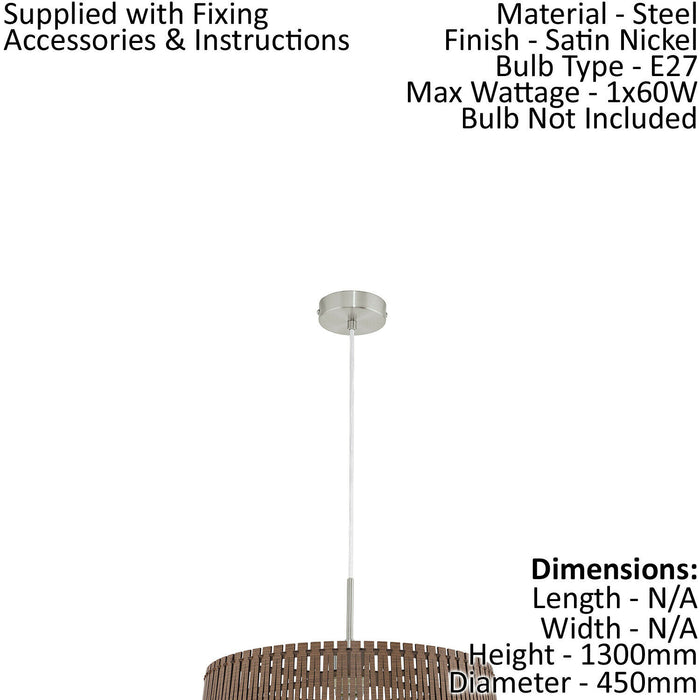 Pendant Ceiling Light Colour Satin Nickel Steel Shade Dark Brown Wood E27 1x60W Loops