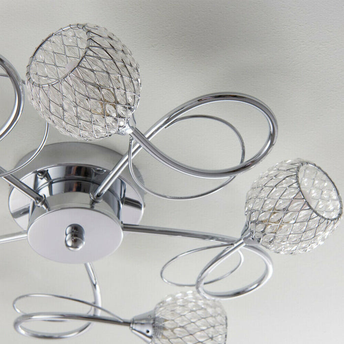 Semi Flush Ceiling Light Chrome Glass Beads 5 Bulb Hanging Pendant Lamp Shade Loops