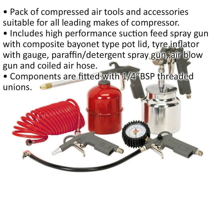 5 Piece Air Accessory Kit - Compressed Air Tools - Gauge Spray Gun Inflator Hose Loops