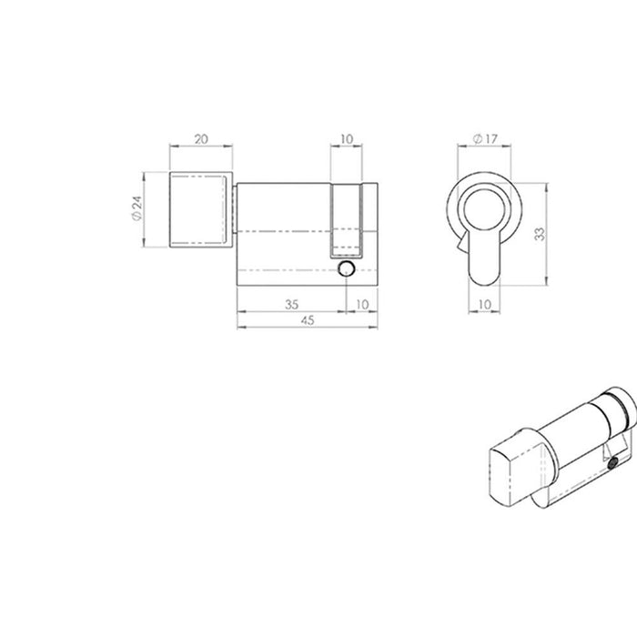 45mm Euro Single Thumbturn Twist Lock 5 Pin Satin Chrome Internal Door Loops