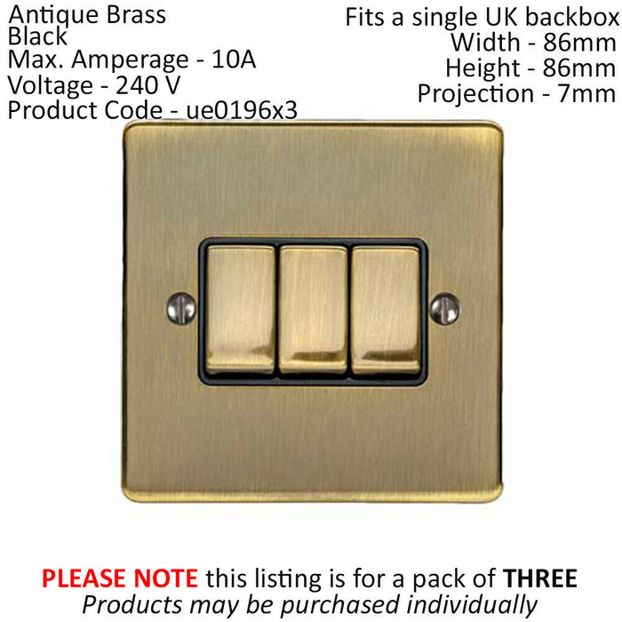 3 PACK 3 Gang Metal Triple Light Switch ANTIQUE BRASS 2 Way 10A Black Trim Loops