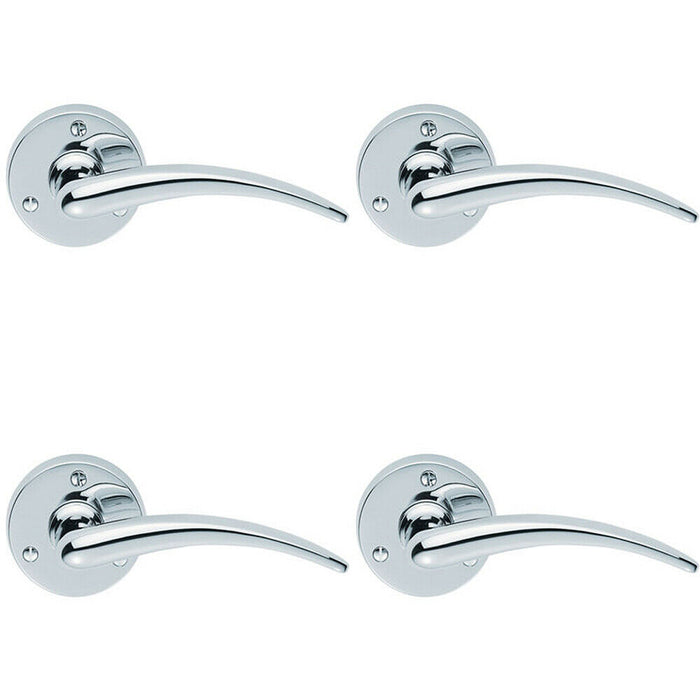 4x PAIR Slim Arched Tapered Lever on 58mm Round Rose Polished Chrome Door Handle Loops