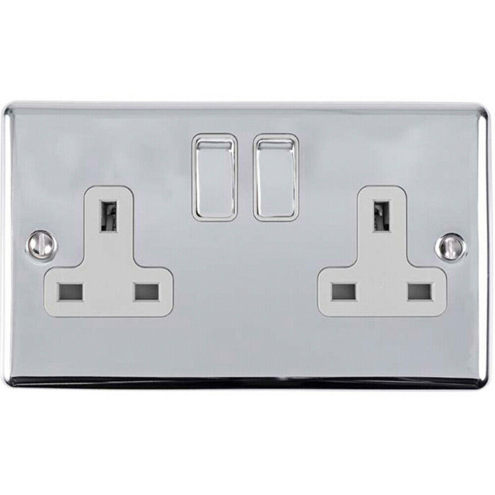 5 PACK 2 Gang Double UK Plug Socket POLISHED CHROME 13A Switched White Trim Loops