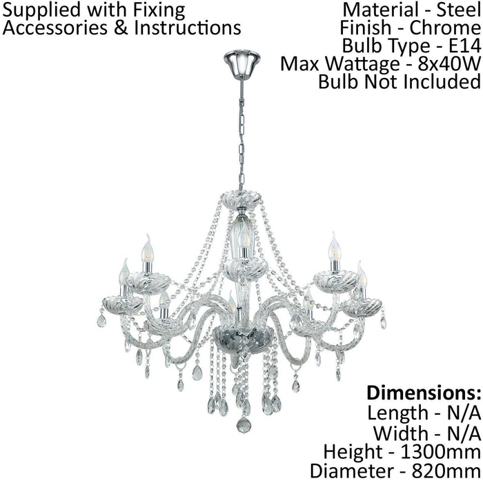Chandelier Light Chrome Plated Steel & Clear Glass Droplets Bulb E14 8x40W Loops