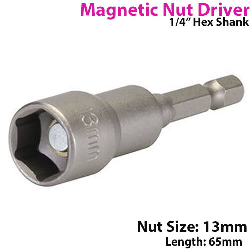 13mm x 65mm Chrome Vanadium Magnetic Nut Driver Adapter Hex Shank Power Drills Loops