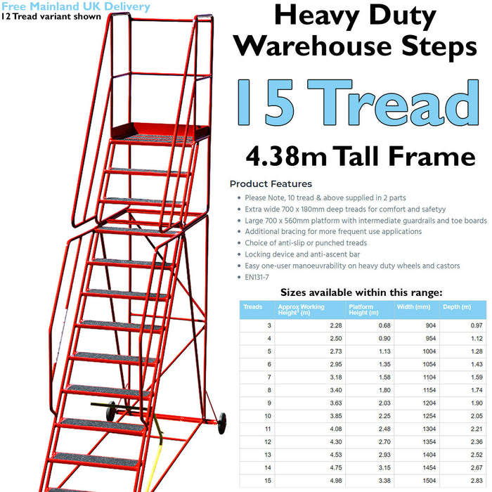 15 Tread HEAVY DUTY Mobile Warehouse Stairs Anti Slip Steps 4.38m Safety Ladder Loops
