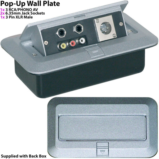 PRO 2 Gang Pop Up Wall Floor Plate & Back Box AV RCA & 6.35mm & XLR Male Outlet Loops