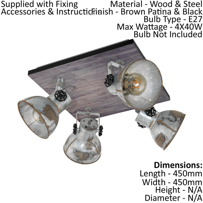 Adjustable 4 Bulb Ceiling Spotlight Wood & Raw Industrial Steel Shade 40W E27 Loops