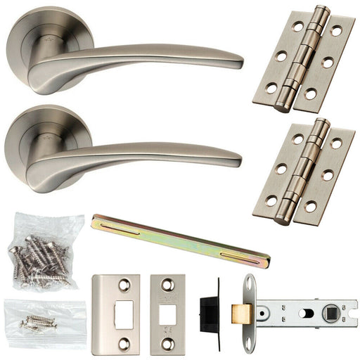 Door Handle & Latch Pack Satin Steel Smooth Arched Lever Screwless Round Rose Loops