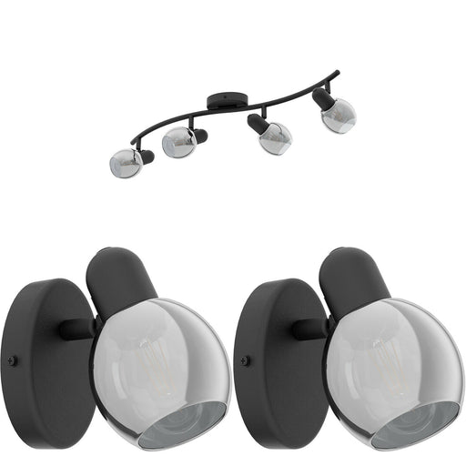 Quad Ceiling Spot Light & 2x Matching Wall Lights Black Vaporized Glass Shade Loops
