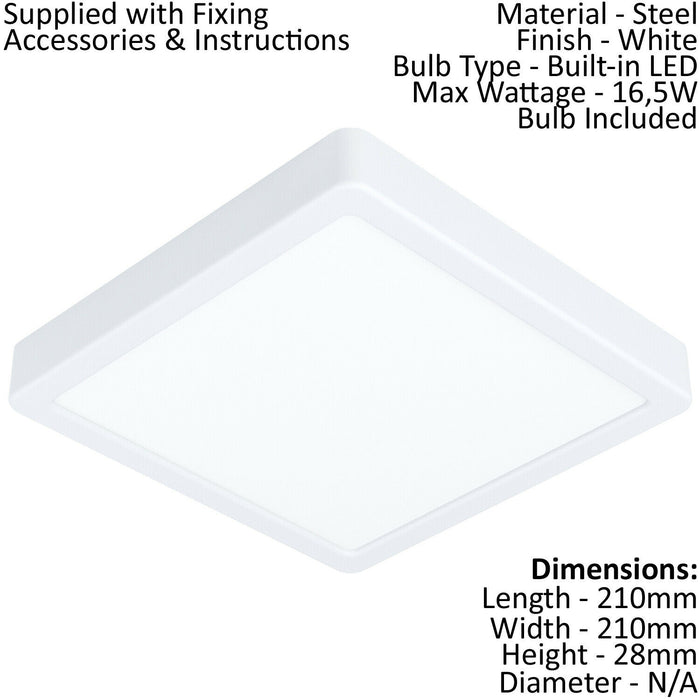 Wall / Ceiling Light White 210mm Square Surface Mounted 16.5W LED 3000K Loops