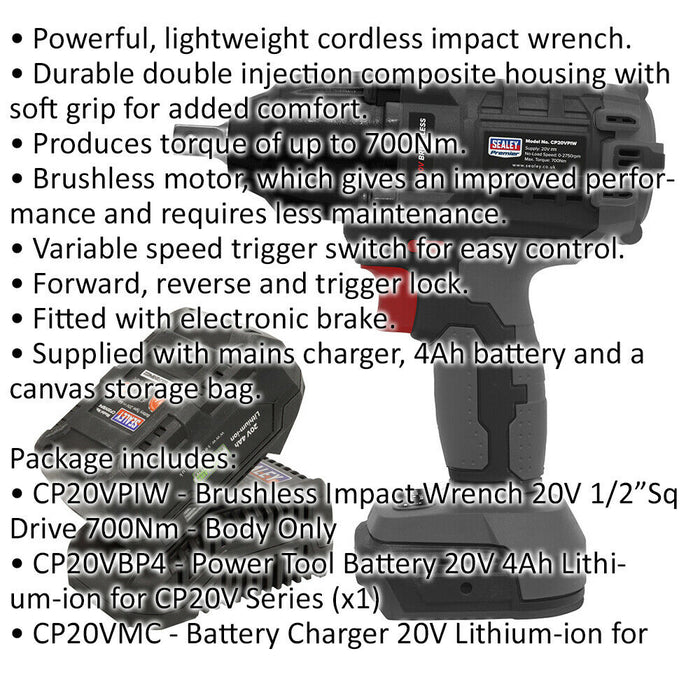 20V Brushless Impact Wrench Kit - 700Nm Torque - Includes 2 Batteries & Charger Loops