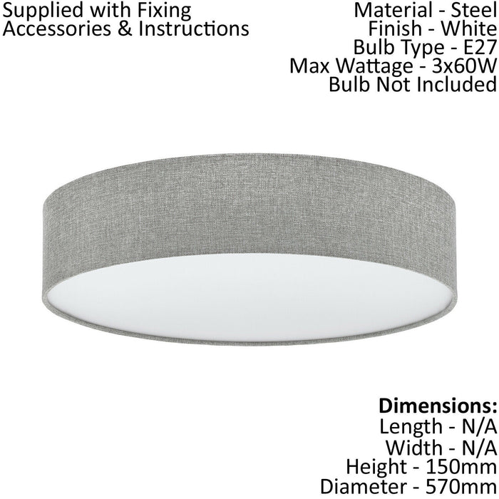 Flush Ceiling Light Colour White Shade Grey White Fabric Linen Bulb E27 3x60W Loops