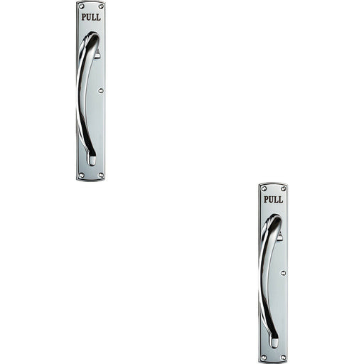 2x Curved Left Handed Door Pull Handle Engraved with 'Pull' Polished Chrome Loops