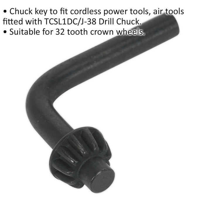 10mm L-Shape Chuck Key - Suitable for 32 Tooth Crown Wheels - Power Tool Key Loops