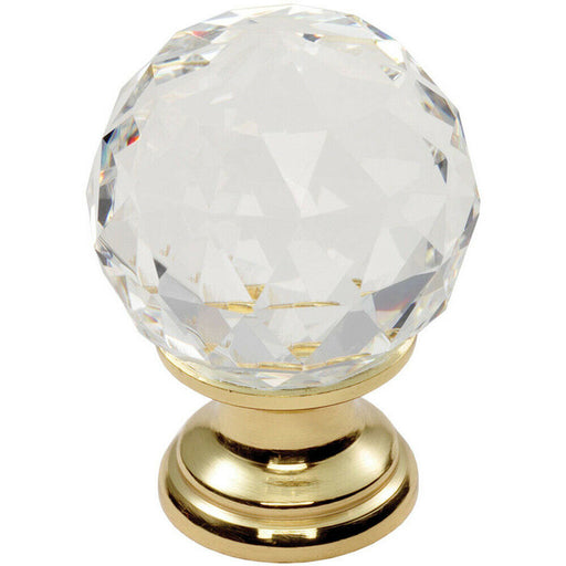 Faceted Crystal Cupboard Door Knob 25mm Dia Polished Brass Cabinet Handle Loops