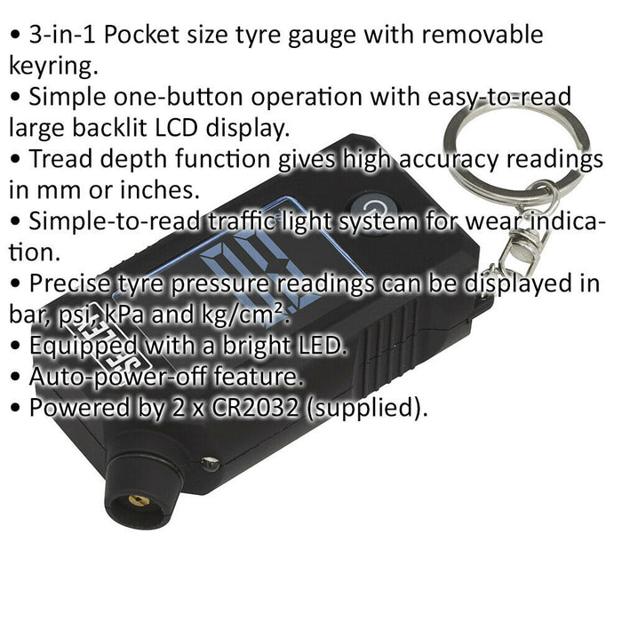 Digital Tyre Pressure / Tread Depth Gauge & LED - Portable Pocket Car Keyring Loops