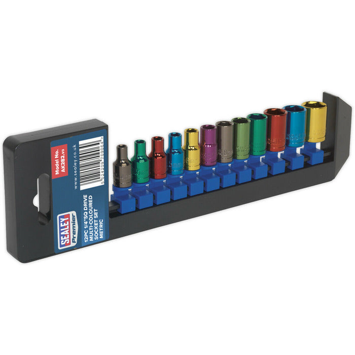 12 PACK Multi Colour Socket Set 1/4" Metric Square Drive - 6 Pt WallDrive Torque Loops