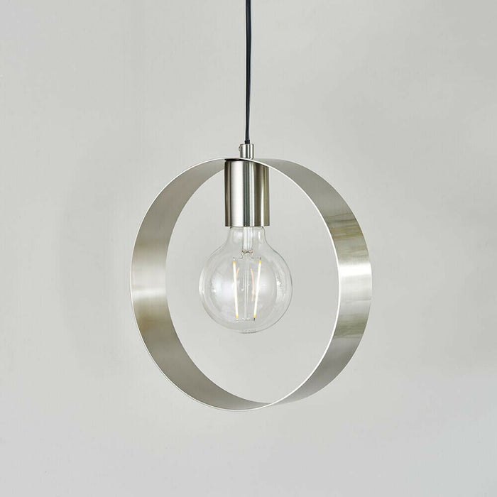 Hanging Ceiling Pendant Light Brushed Nickel Hoop Shade Industrial Chic Lamp Loops