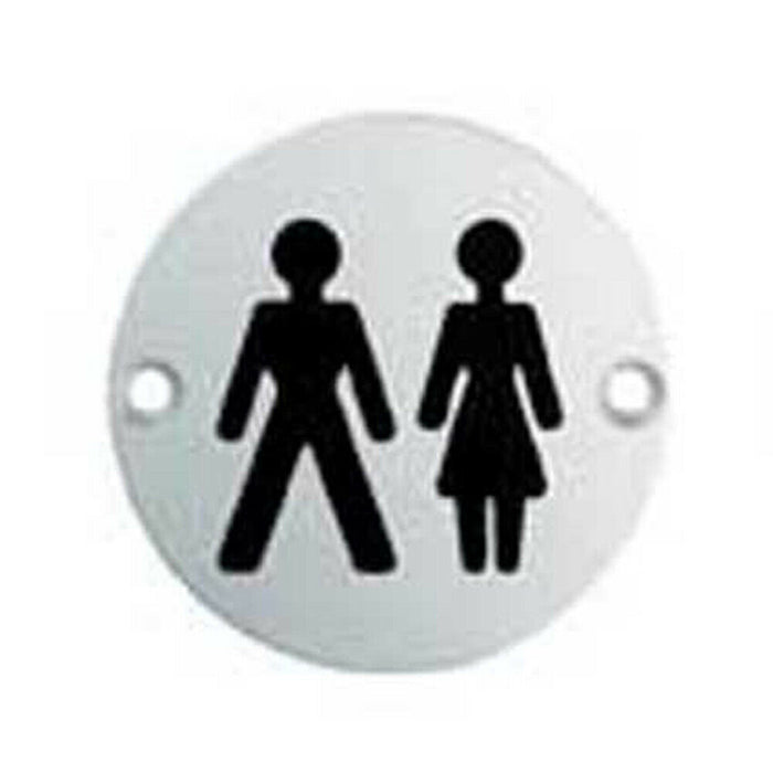 2x Bathroom Door Unisex Symbol Sign 64mm Fixing Centres 76mm Dia Polished Steel Loops