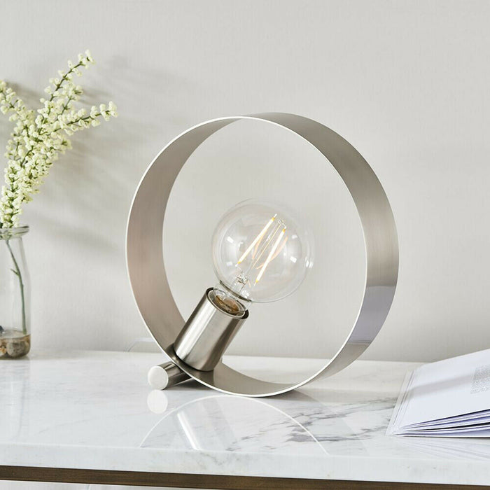 Modern Sleek Table Lamp Light Brushed Nickel Metal Hoop Shade Industrial Chic Loops