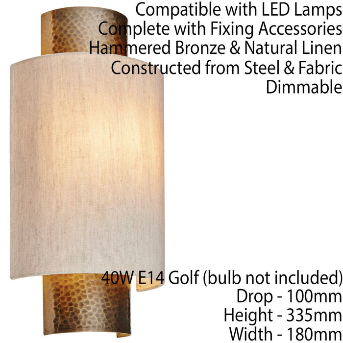 Dimmable Metal Wall Light Hammered Aged Bronze & Shade Semi Flush Lamp Fitting Loops