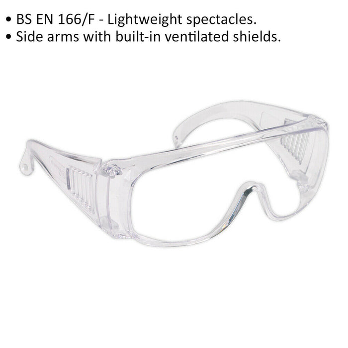 Lightweight Safety Spectacles - Clear Lens - Ventilated Side Shields - PPE Loops