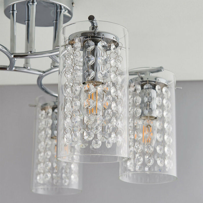 Semi Flush Ceiling Light Chrome Glass Drops 5 Bulb Hanging Pendant Lamp Shade Loops
