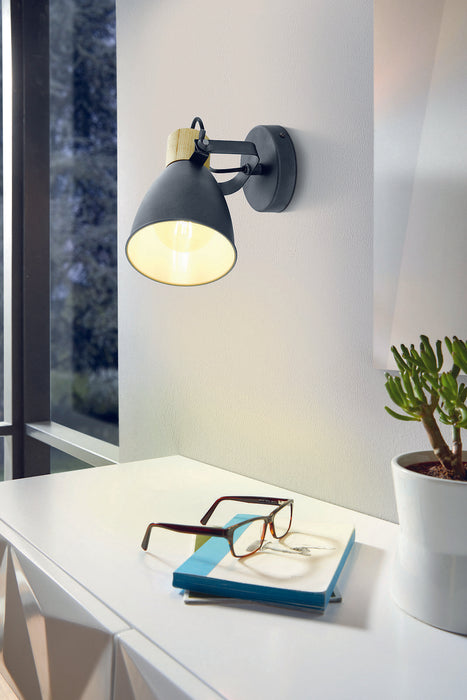 Ceiling Spot Light & 2x Matching Wall Lights Black & Wood Adjustable Shade Loops